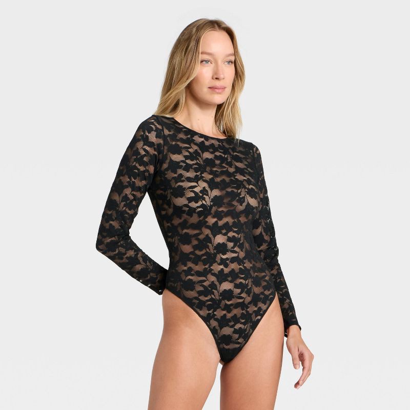 slide 1 of 5, Women's Shadow Floral Lace Longsleeve Lingerie Bodysuit - Auden™ Black S, 1 ct