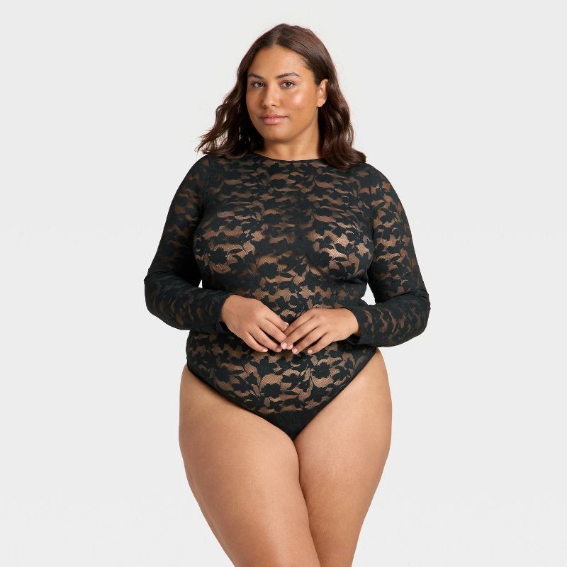slide 1 of 3, Women's Shadow Floral Lace Longsleeve Lingerie Bodysuit - Auden™ Black XXL, 1 ct