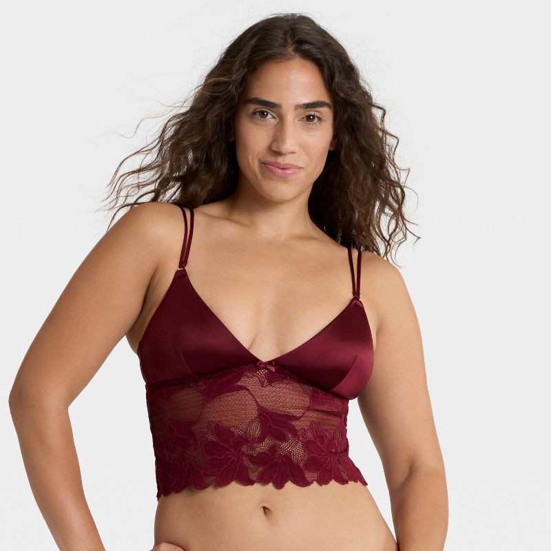 slide 1 of 5, Women's Satin and Lace Removable Pad Longline Bralette - Auden™ Berry Red L, 1 ct
