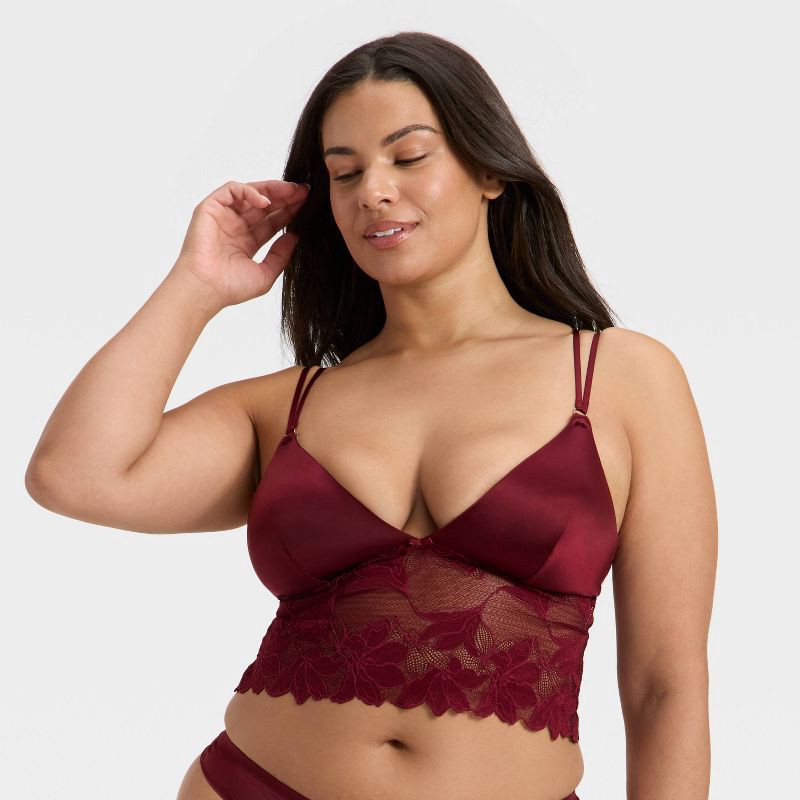 slide 4 of 5, Women's Satin and Lace Removable Pad Longline Bralette - Auden™ Berry Red XL, 1 ct