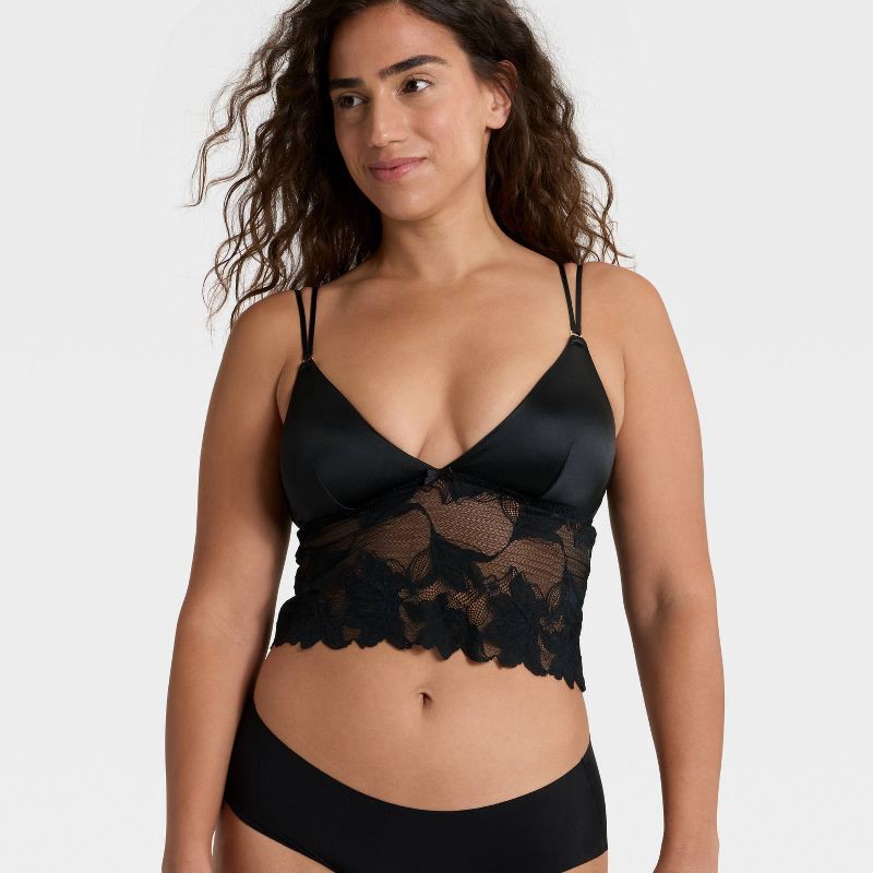 slide 3 of 5, Women's Satin and Lace Removable Pad Longline Bralette - Auden™ Black XS, 1 ct