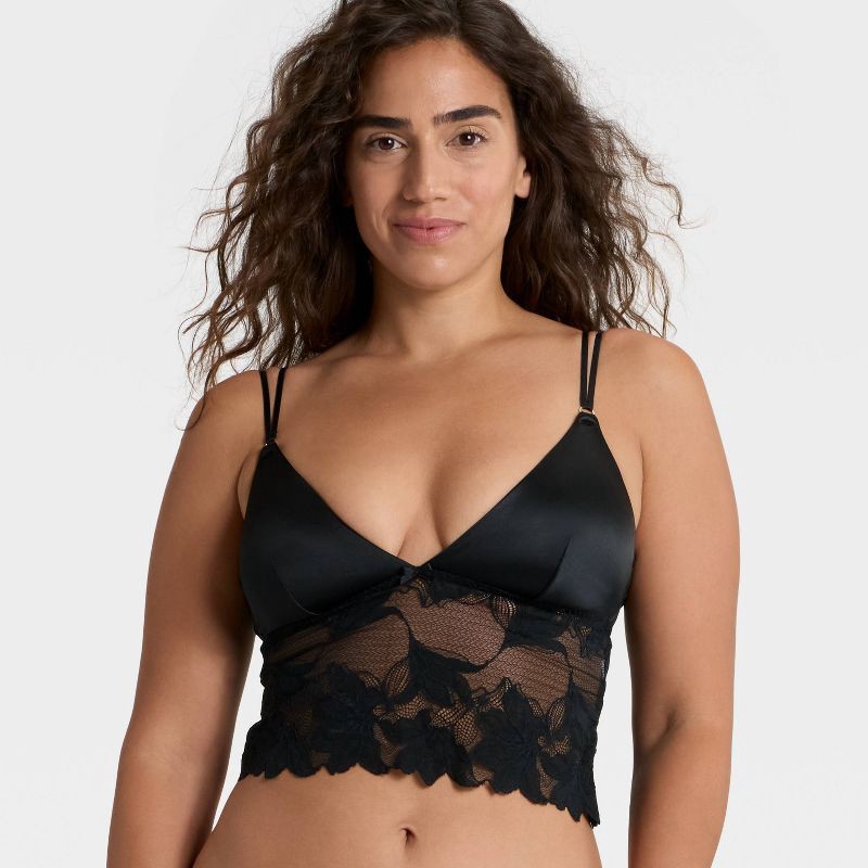slide 1 of 5, Women's Satin and Lace Removable Pad Longline Bralette - Auden™ Black XS, 1 ct