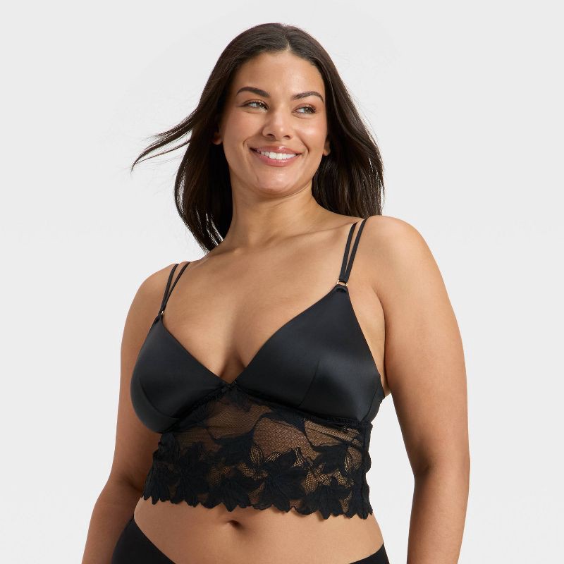 slide 4 of 5, Women's Satin and Lace Removable Pad Longline Bralette - Auden™ Black XL, 1 ct