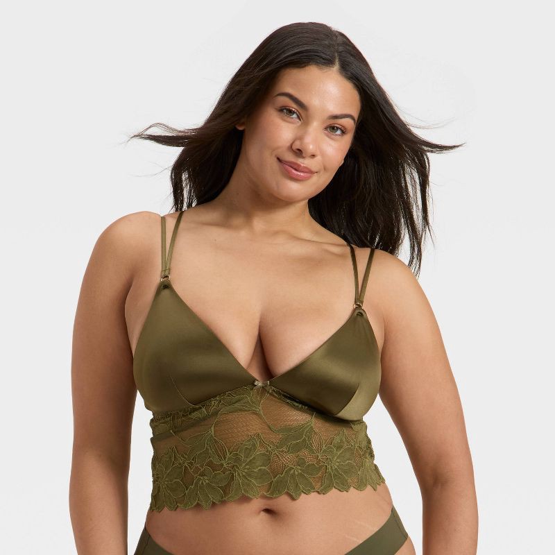 slide 4 of 5, Women's Satin and Lace Removable Pad Longline Bralette - Auden™ Moss Green XS, 1 ct