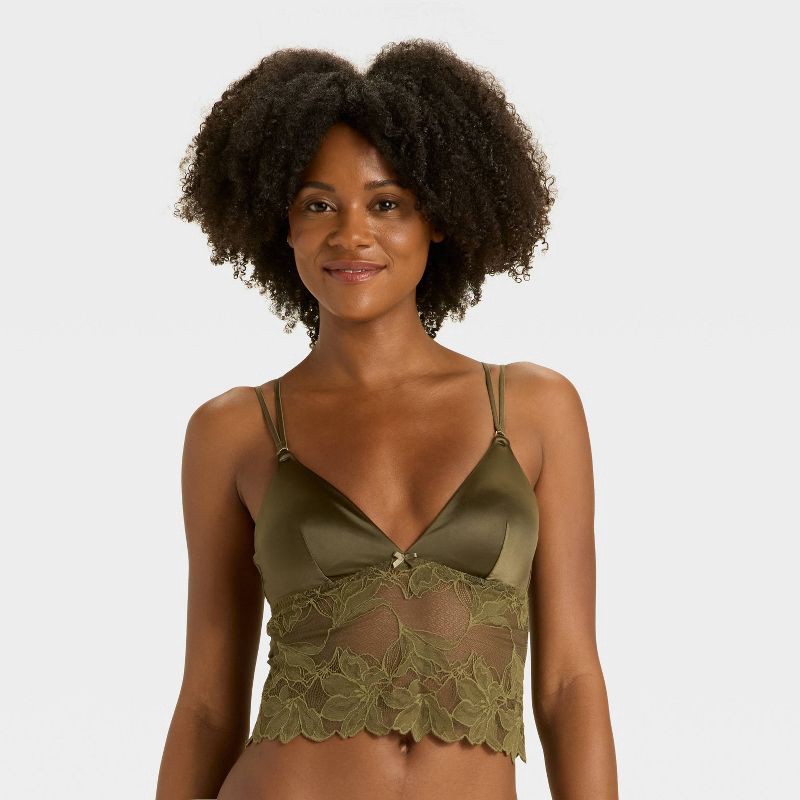 slide 1 of 5, Women's Satin and Lace Removable Pad Longline Bralette - Auden™ Moss Green XS, 1 ct