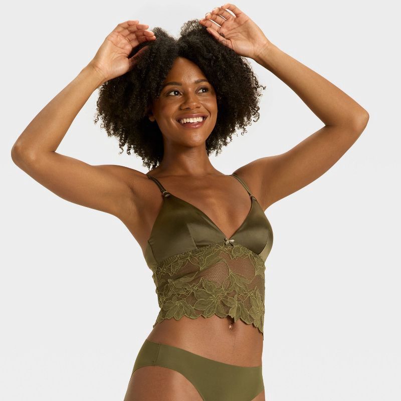 slide 3 of 5, Women's Satin and Lace Removable Pad Longline Bralette - Auden™ Moss Green S, 1 ct