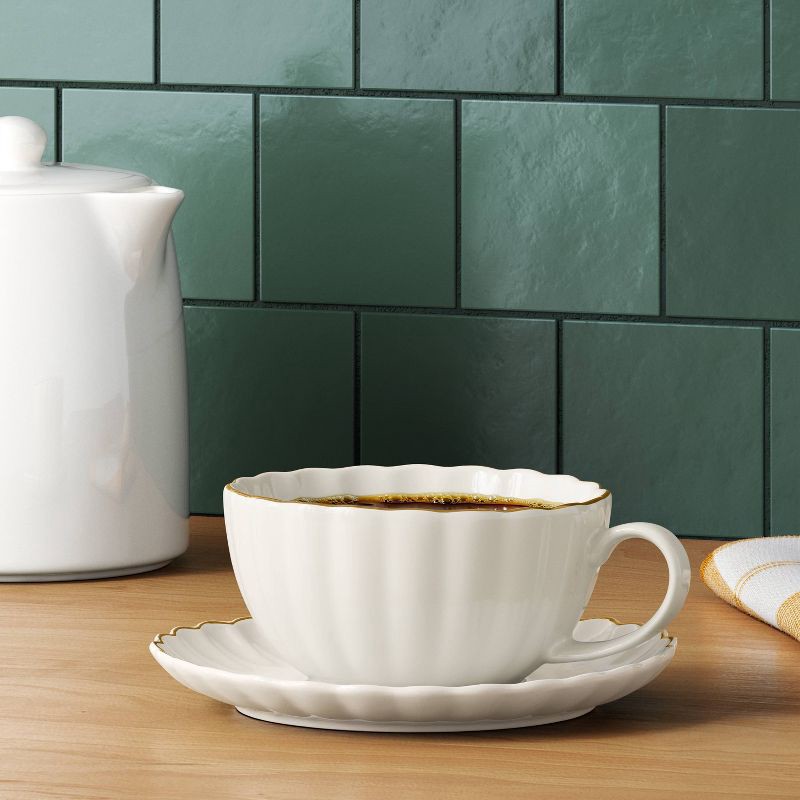 slide 2 of 5, 13.1 fl oz Stoneware Tea Cup with Saucer Gold Rim - Threshold™, 13.1 fl oz