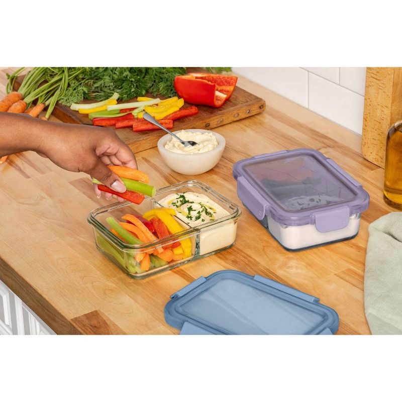 slide 2 of 6, Ello Color Lock Glass 3.4c 2pk Divided Meal Prep Food Storage Container Set Purple/Blue, 2 ct