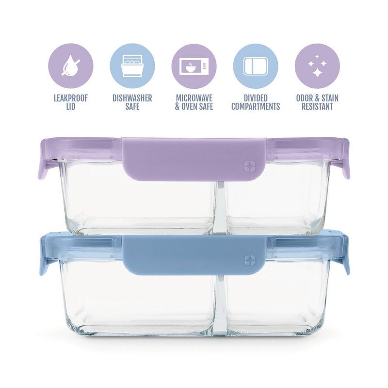 slide 3 of 6, Ello Color Lock Glass 3.4c 2pk Divided Meal Prep Food Storage Container Set Purple/Blue, 2 ct