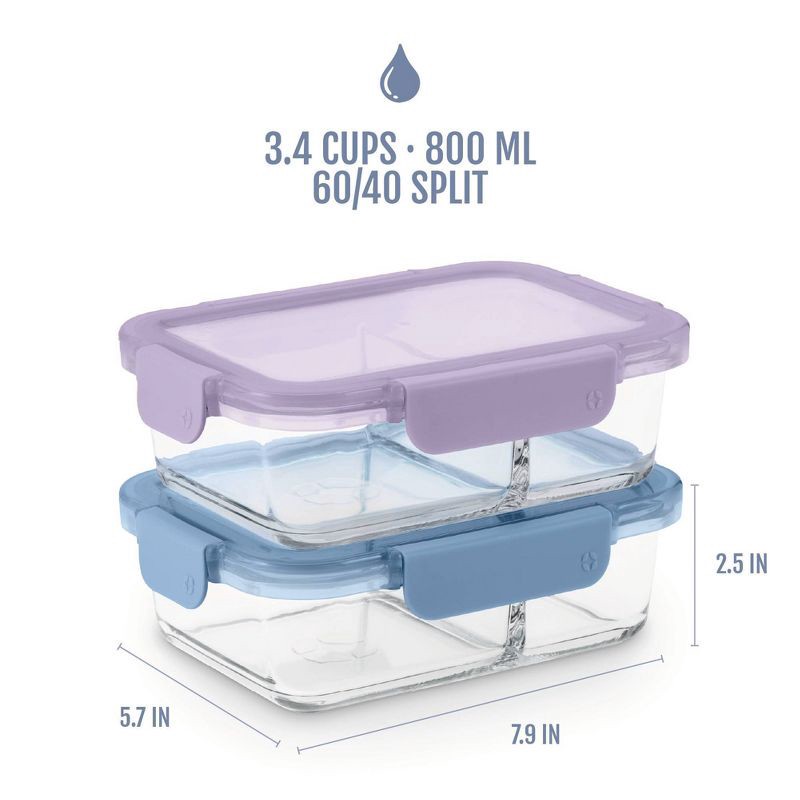 slide 4 of 6, Ello Color Lock Glass 3.4c 2pk Divided Meal Prep Food Storage Container Set Purple/Blue, 2 ct