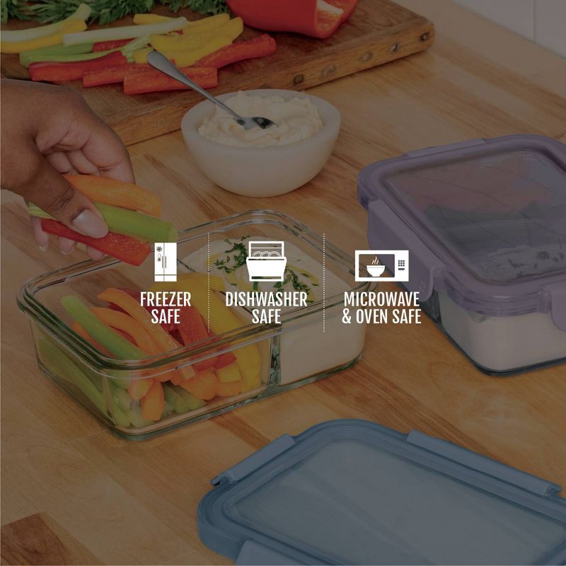 slide 5 of 6, Ello Color Lock Glass 3.4c 2pk Divided Meal Prep Food Storage Container Set Purple/Blue, 2 ct
