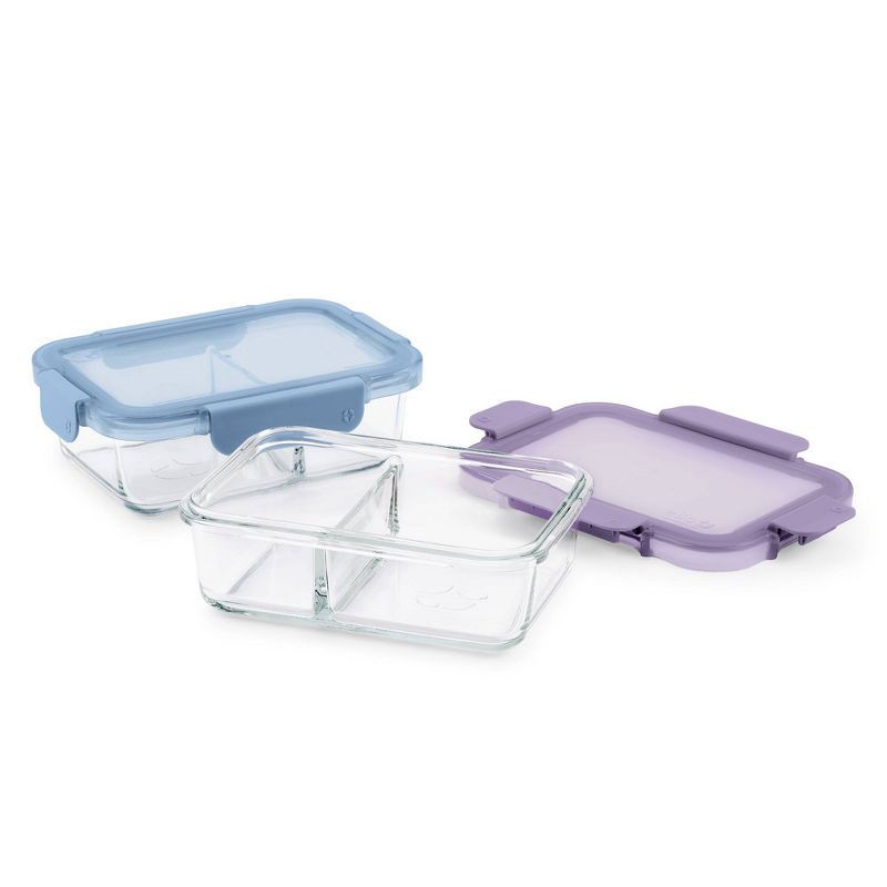 slide 6 of 6, Ello Color Lock Glass 3.4c 2pk Divided Meal Prep Food Storage Container Set Purple/Blue, 2 ct