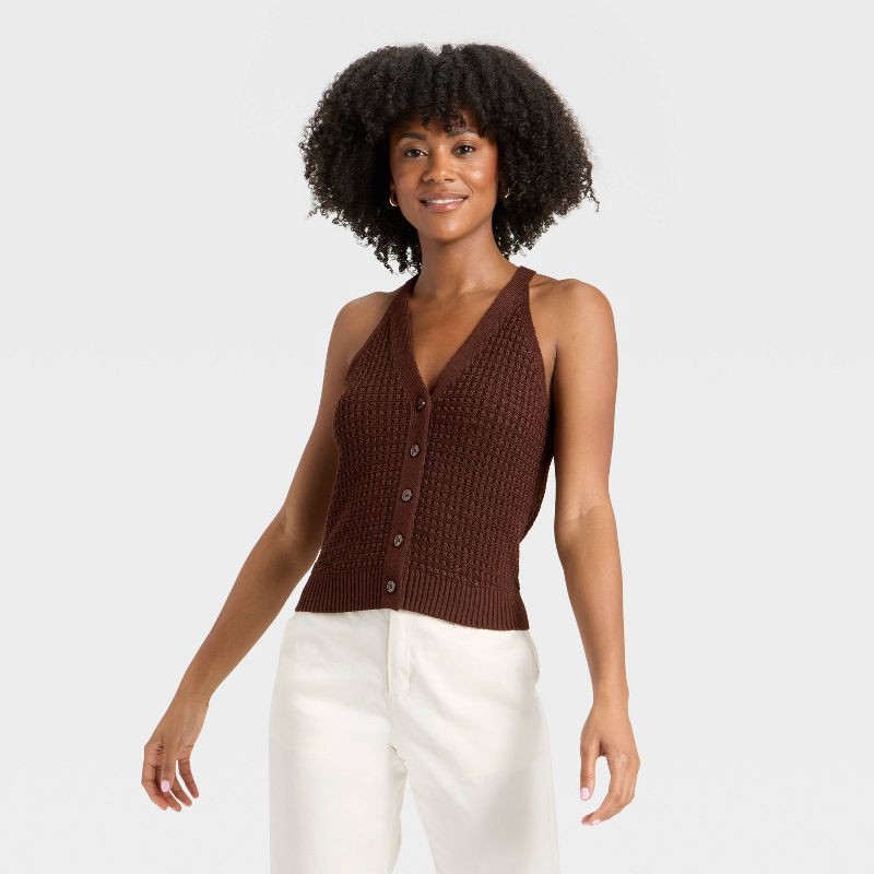 slide 1 of 3, Women's Crochet Vest - A New Day™ Brown XS, 1 ct