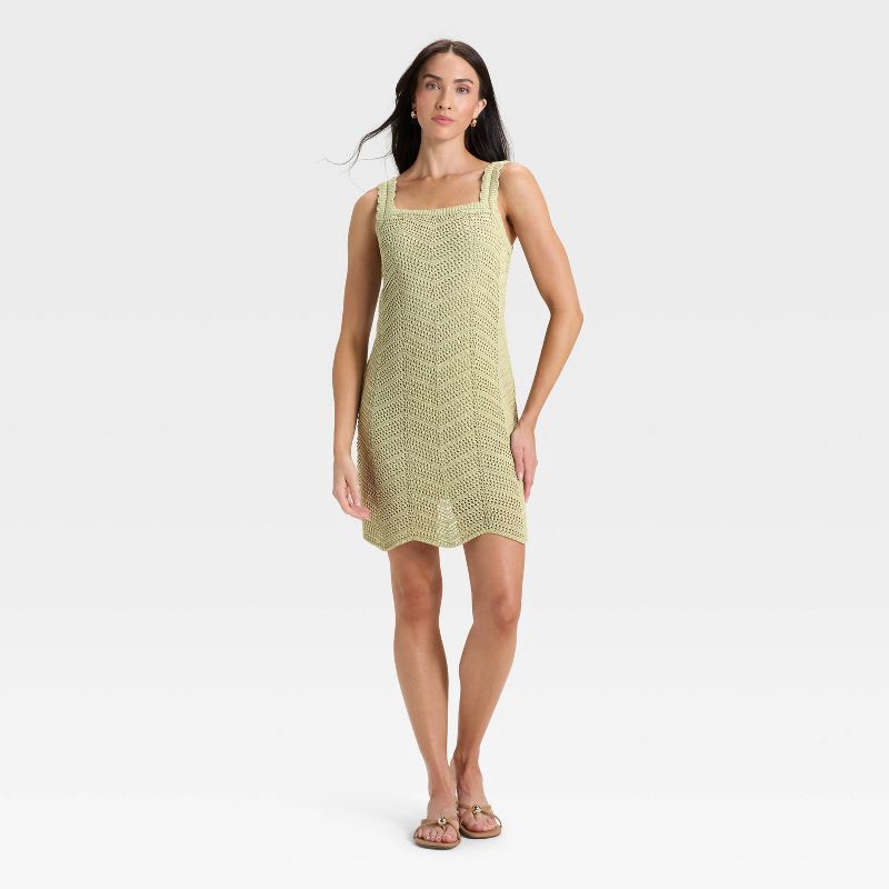 slide 3 of 3, Women's Crochet Mini Shift Dress - A New Day™ Light Green M, 1 ct