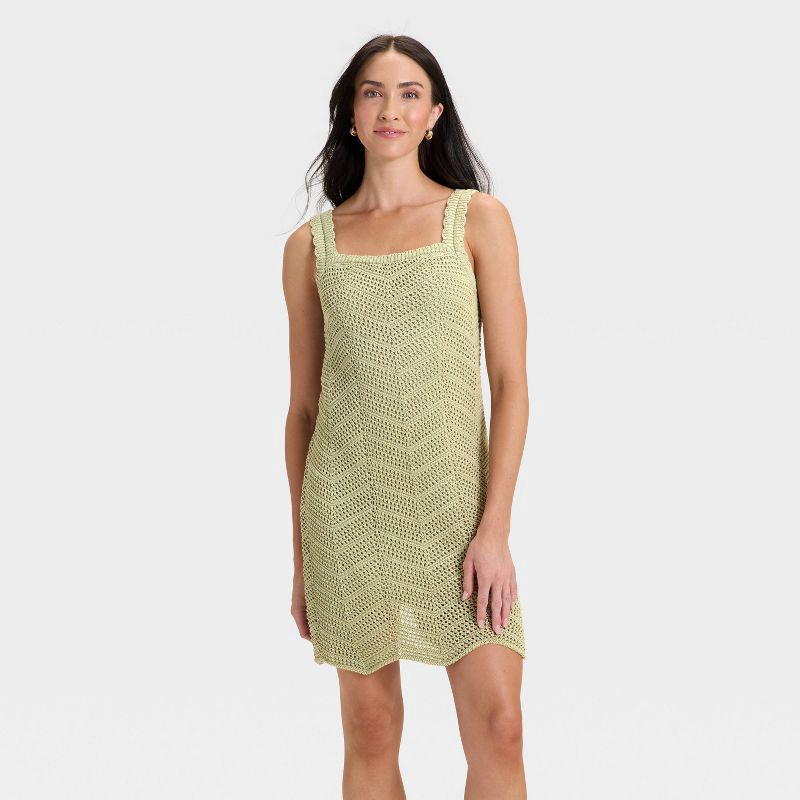 slide 1 of 3, Women's Crochet Mini Shift Dress - A New Day™ Light Green S, 1 ct