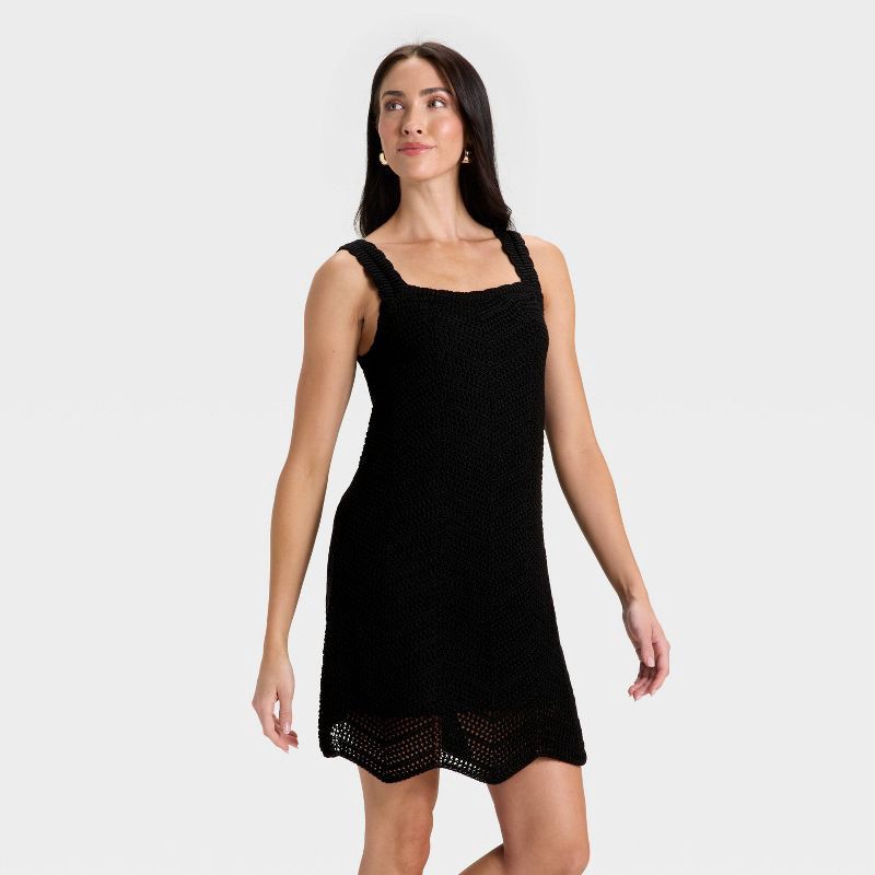 slide 1 of 3, Women's Crochet Mini Shift Dress - A New Day™ Black M, 1 ct