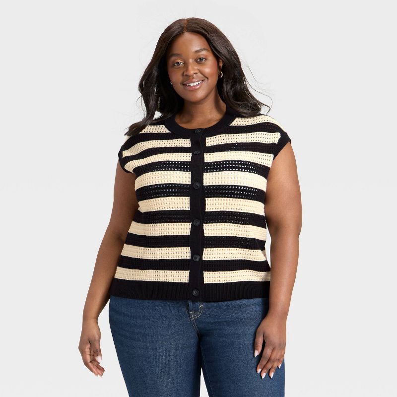 slide 1 of 3, Women's Pointelle Sweater Vest - Universal Thread™ Black Striped XXL, 1 ct