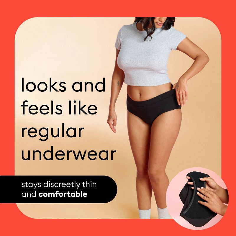 slide 7 of 8, Thinx Super Absorbency Bikini - Black XL: Mid Rise, Knit, Full Waistband Elastic, Opaque, Solid Pattern, 1 ct