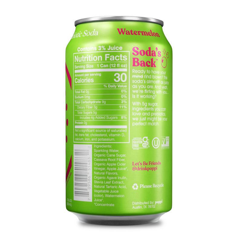 slide 2 of 4, poppi Watermelon Prebiotic Soda - 12 fl oz Can, 12 fl oz