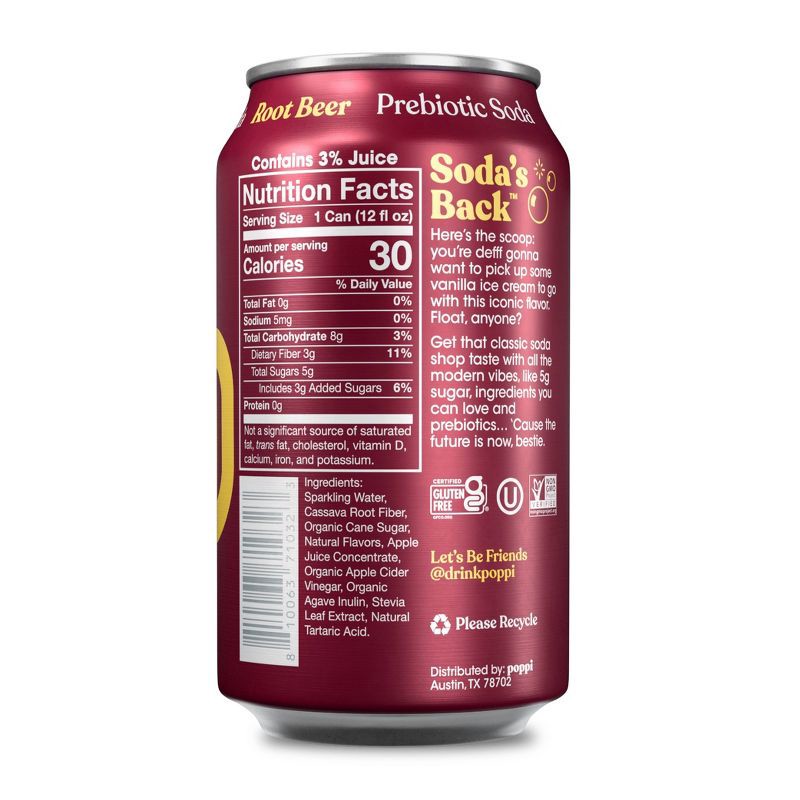 slide 2 of 4, poppi Root Beer Prebiotic Soda - 12 fl oz Can, 12 fl oz