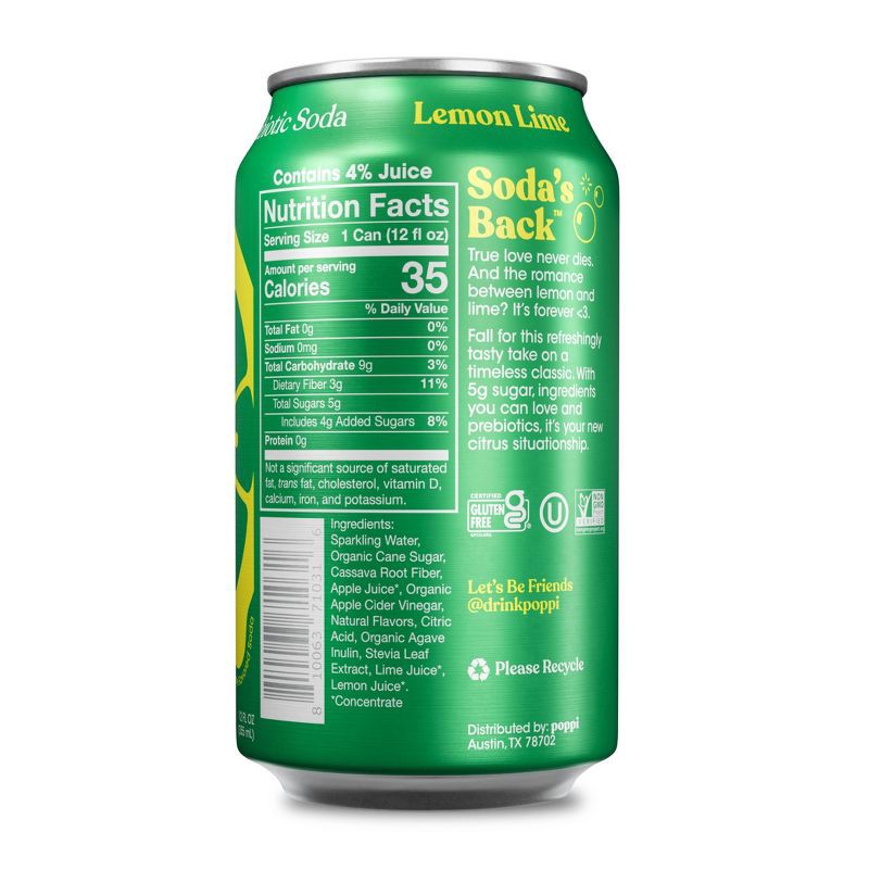 slide 2 of 4, poppi Lemon Lime Prebiotic Soda - 12 fl oz Can, 12 fl oz