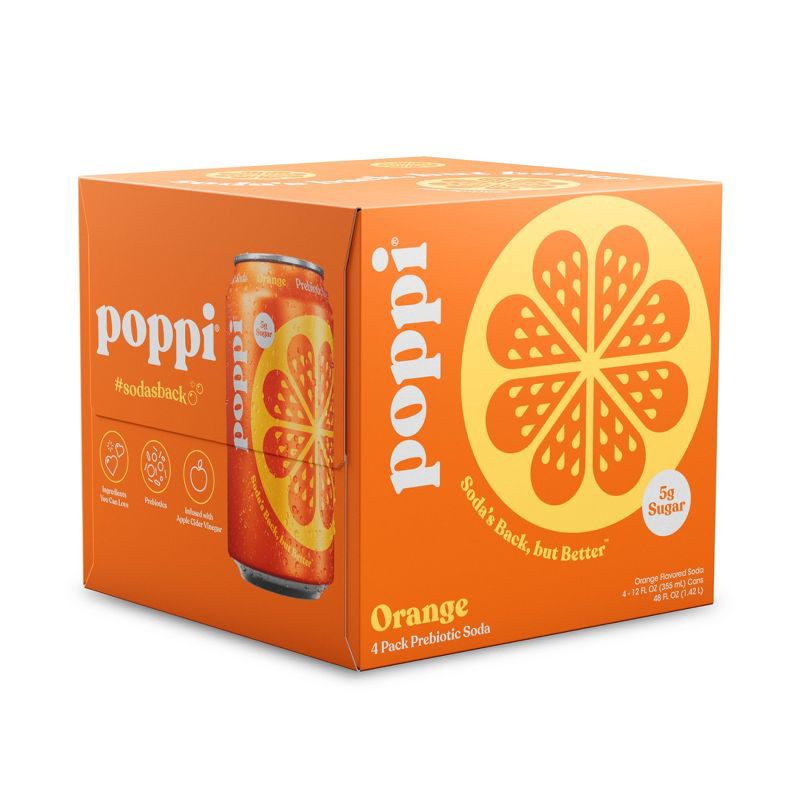 slide 1 of 5, Poppi Orange Prebiotic Soda - 4pk/12 fl oz Cans: Non-Caffeinated, 4 ct; 12 fl oz