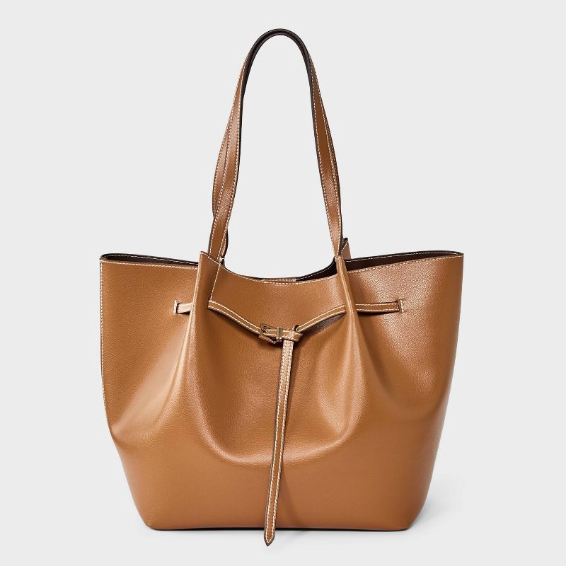 slide 1 of 5, Belted Pinched Handle Tote Handbag - A New Day™ Brown, 1 ct