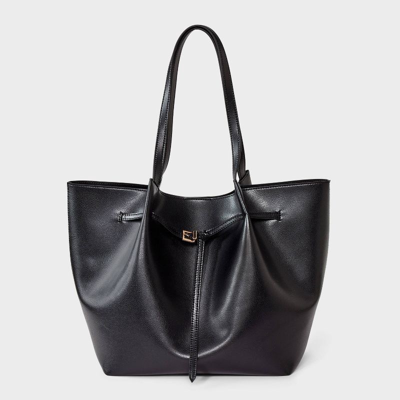 slide 1 of 5, Belted Pinched Handle Tote Handbag - A New Day™ Black, 1 ct