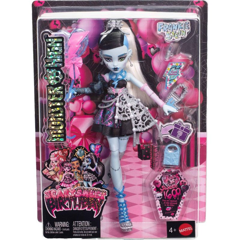 slide 6 of 6, Monster High Scary Sweet Birthday Frankie Stein Doll in Party Dress with Balloon & Gift, 1 ct