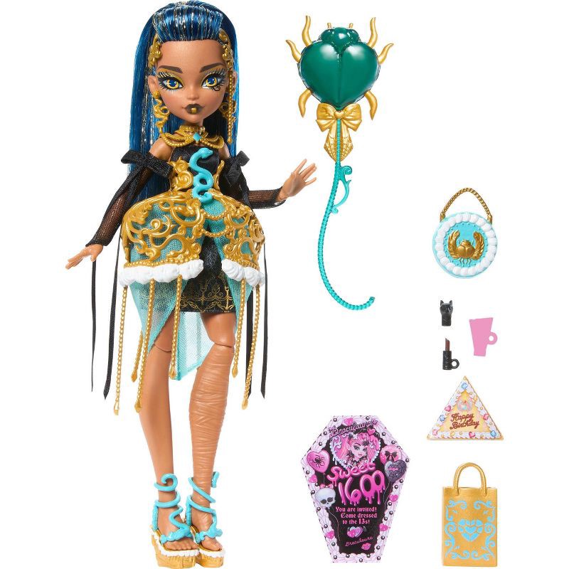 slide 5 of 6, Monster High Scary Sweet Birthday Cleo De Nile Doll in Party Dress with Balloon & Gift, 1 ct