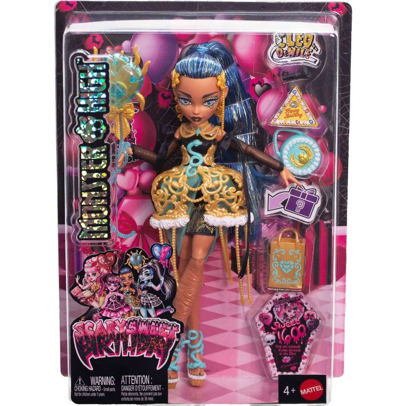 slide 6 of 6, Monster High Scary Sweet Birthday Cleo De Nile Doll in Party Dress with Balloon & Gift, 1 ct