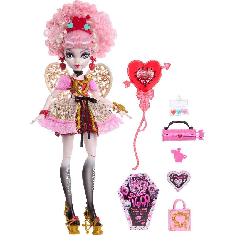 slide 5 of 6, Monster High Scary Sweet Birthday Cupid Asteria Doll in Party Dress with Balloon & Gift, 1 ct