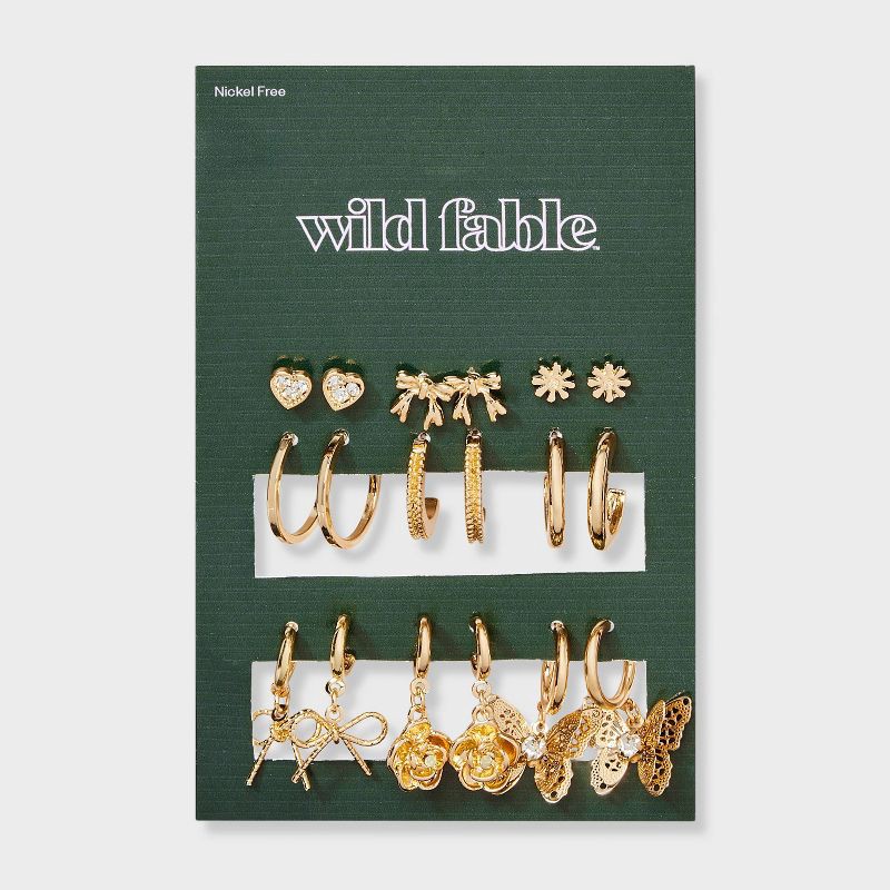 slide 2 of 3, Bow Rose and Butterfly Mixed Hoop Earring Set 9pc - Wild Fable™ Gold, 9 ct