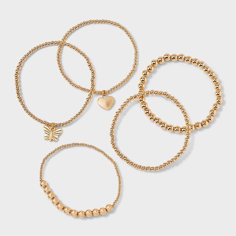 slide 3 of 4, Butterfly and Heart Charm Stretch Bracelet Set 5pc - Wild Fable™ Gold, 5 ct