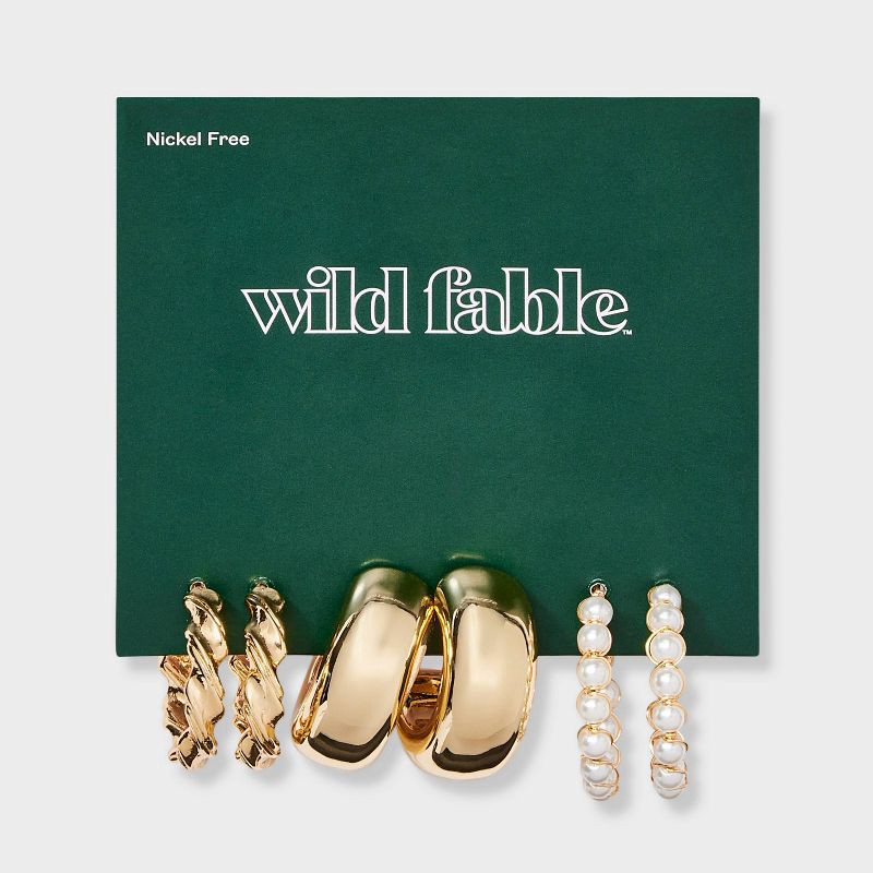 slide 2 of 3, Smooth Twist and Pearl Hoop Earring Set 3pc - Wild Fable™ Gold, 3 ct