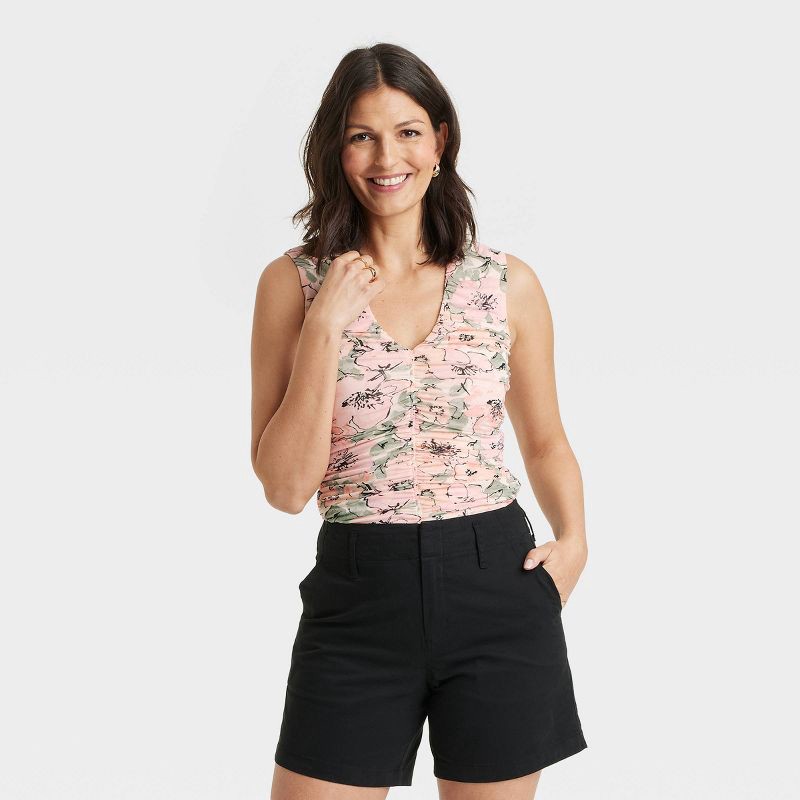 slide 1 of 5, Women's Mesh Ruched Tank Top - A New Day™ Pink Floral S: Recycled Polyester, Spandex, Lightweight Knit, V Neck, Sleeveless, 1 ct
