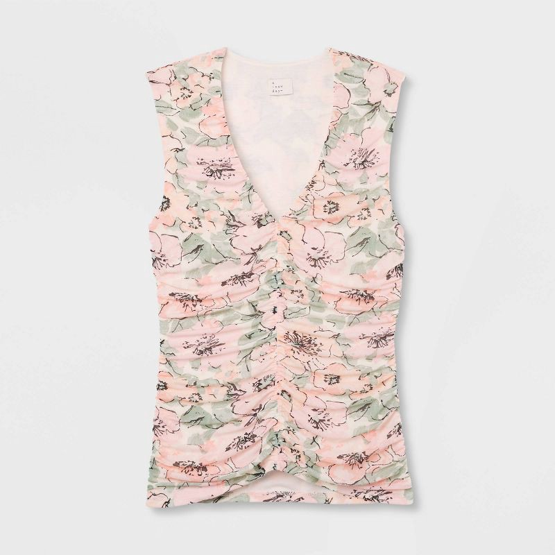 slide 4 of 5, Women's Mesh Ruched Tank Top - A New Day™ Pink Floral S: Recycled Polyester, Spandex, Lightweight Knit, V Neck, Sleeveless, 1 ct