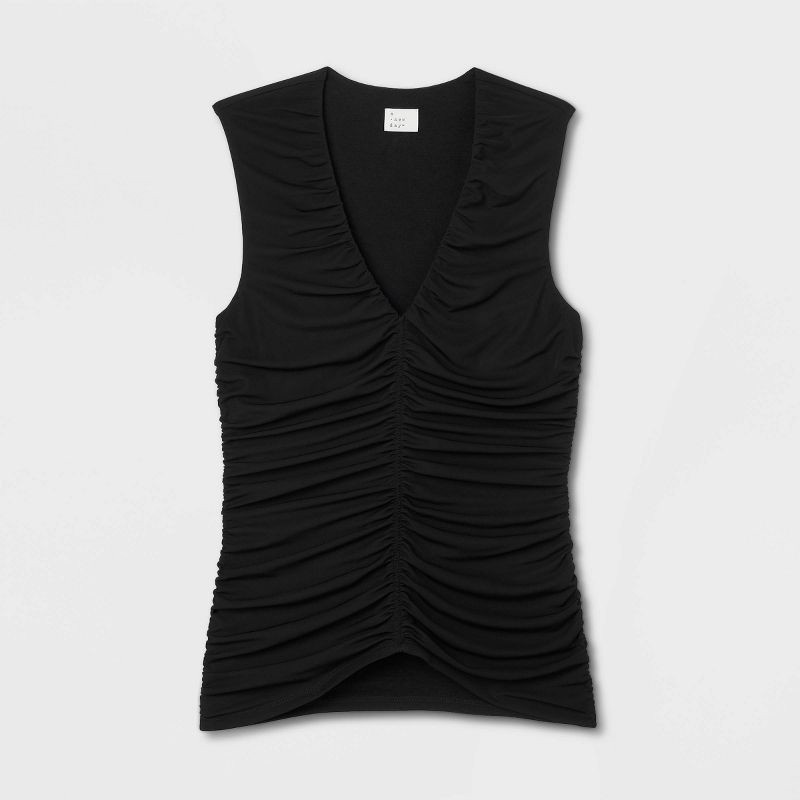 slide 4 of 5, Women's Mesh Ruched Tank Top - A New Day™ Black XL: Recycled Polyester, Spandex, Lightweight Knit, V Neck, Pullover Style, 1 ct