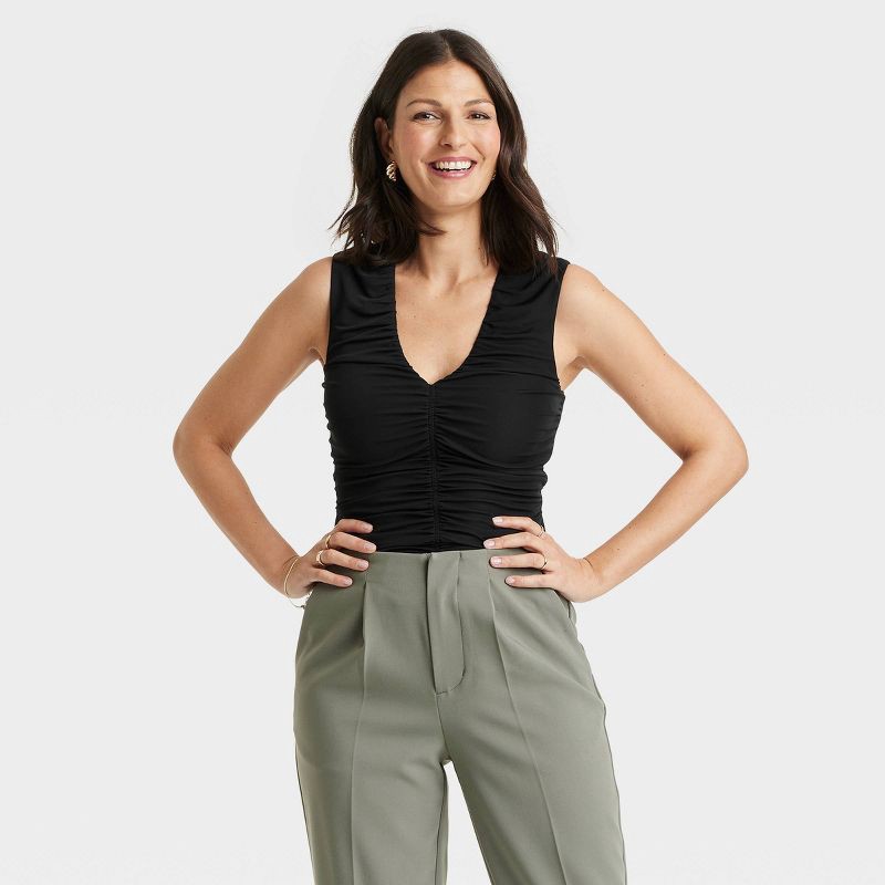 slide 1 of 5, Women's Mesh Ruched Tank Top - A New Day™ Black XL: Recycled Polyester, Spandex, Lightweight Knit, V Neck, Pullover Style, 1 ct