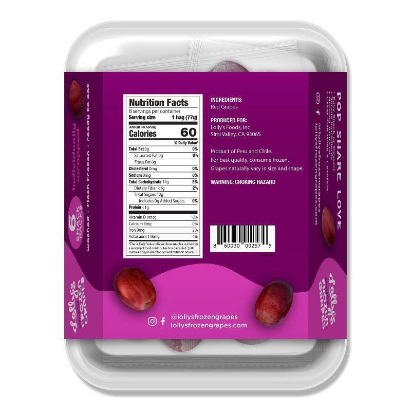 slide 2 of 3, Lolly's Frozen Grapes Red Grapes Snack Pack - 16.2oz/6ct, 16.2 oz, 6 ct