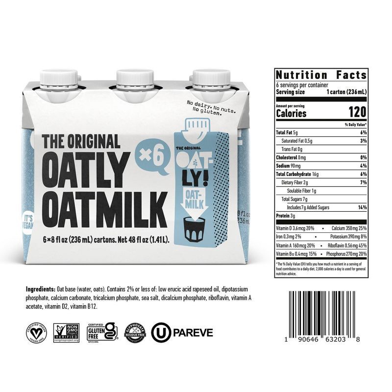 slide 3 of 10, Oatly Original Non-Dairy Oat Milk - 6pk/8 fl oz, 6 ct; 8 fl oz