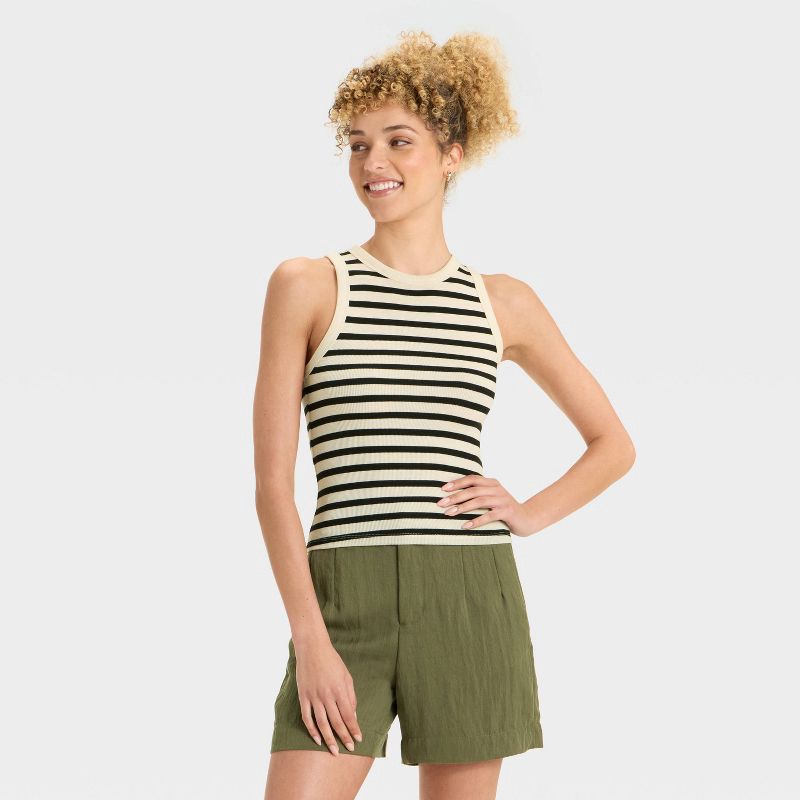 slide 1 of 3, Women's Slim Fit Cropped Ribbed Tank Top - A New Day™ Cream/Black Striped XL, 1 ct