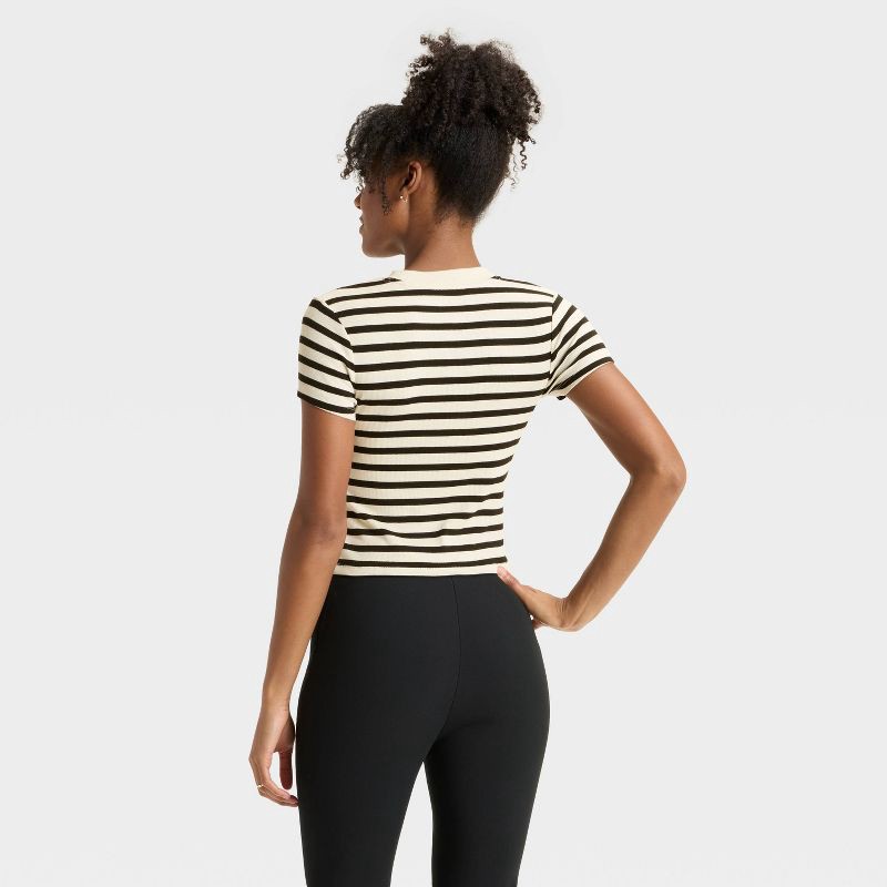 slide 2 of 3, Women's Slim Fit Short Sleeve Cropped Ribbed T-Shirt - A New Day™ Cream/Black Striped M, 1 ct