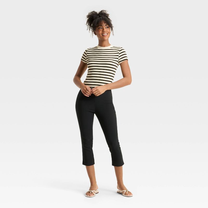 slide 3 of 3, Women's Slim Fit Short Sleeve Cropped Ribbed T-Shirt - A New Day™ Cream/Black Striped M, 1 ct