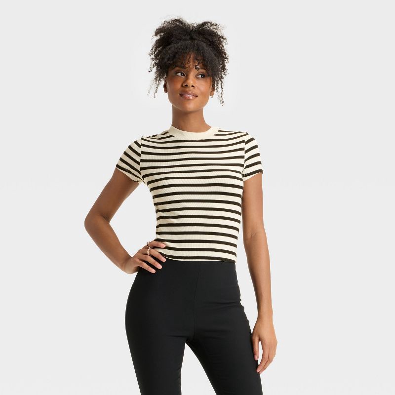 slide 1 of 3, Women's Slim Fit Short Sleeve Cropped Ribbed T-Shirt - A New Day™ Cream/Black Striped M, 1 ct