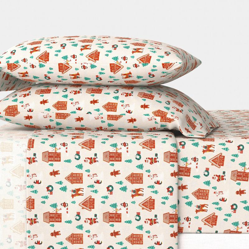 slide 2 of 4, Queen Christmas Flannel Sheet Set Gingerbread Scene - Wondershop™, 1 ct