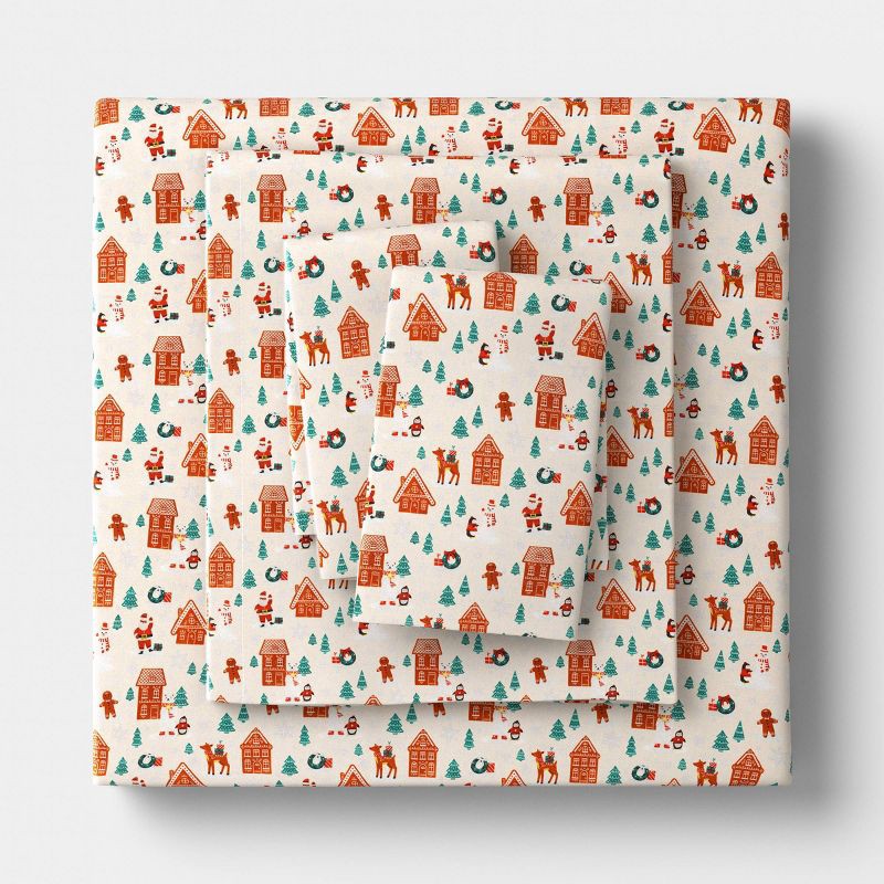 slide 1 of 4, Queen Christmas Flannel Sheet Set Gingerbread Scene - Wondershop™, 1 ct