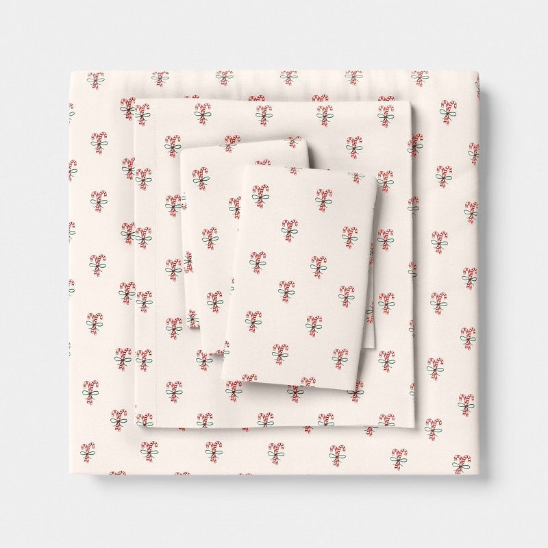 slide 1 of 4, Queen Christmas Holiday Flannel Sheet Set Candy Canes - Wondershop™, 1 ct