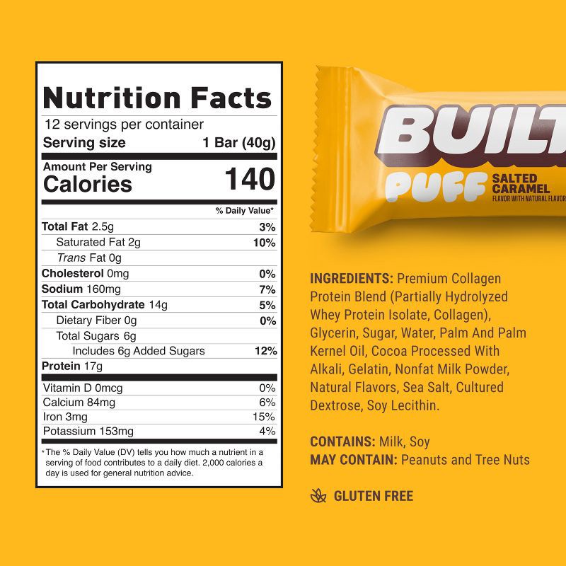 slide 4 of 7, Built Bar Salted Caramel Puff Protein Bars - 17g Protein - 5.64oz/4ct, 17 gram, 5.64 oz, 4 ct