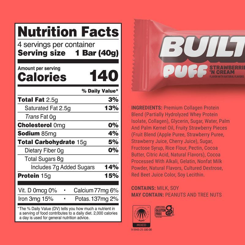 slide 5 of 5, Built Bar Strawberries 'N Cream Puff Protein Bars - 15g Protein - 4ct, 15 gram, 4 ct